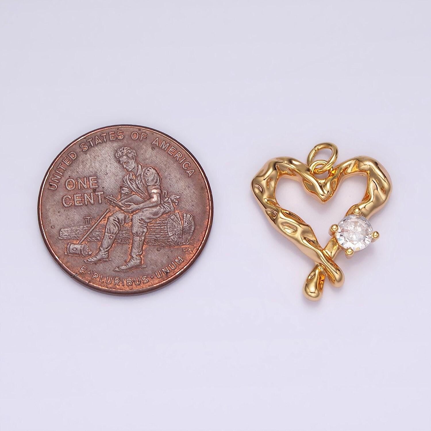 18k gold filled clear cz dented molten open heart charm | n1761