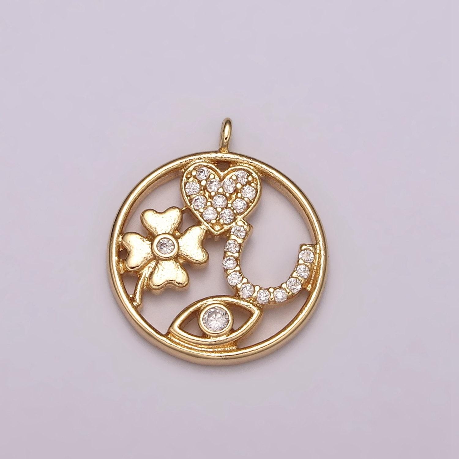 Dainty good luck medallion charm gold filled pendant for necklace bracelet component supply clover horseshoe heart evil eye cz