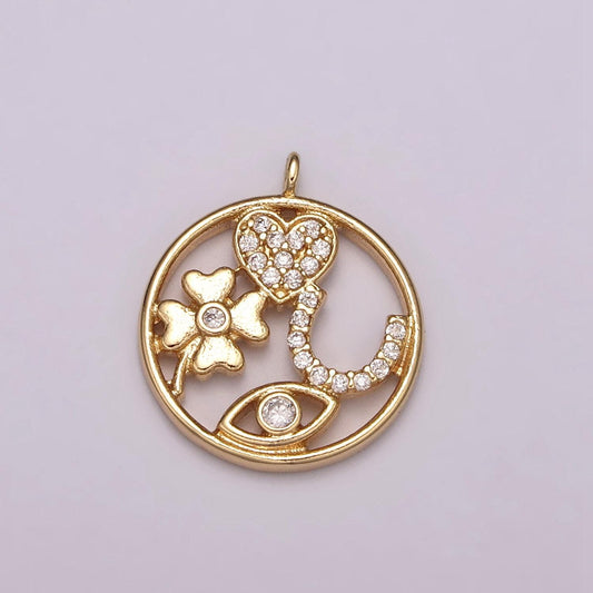 Dainty good luck medallion charm gold filled pendant for necklace bracelet component supply clover horseshoe heart evil eye cz