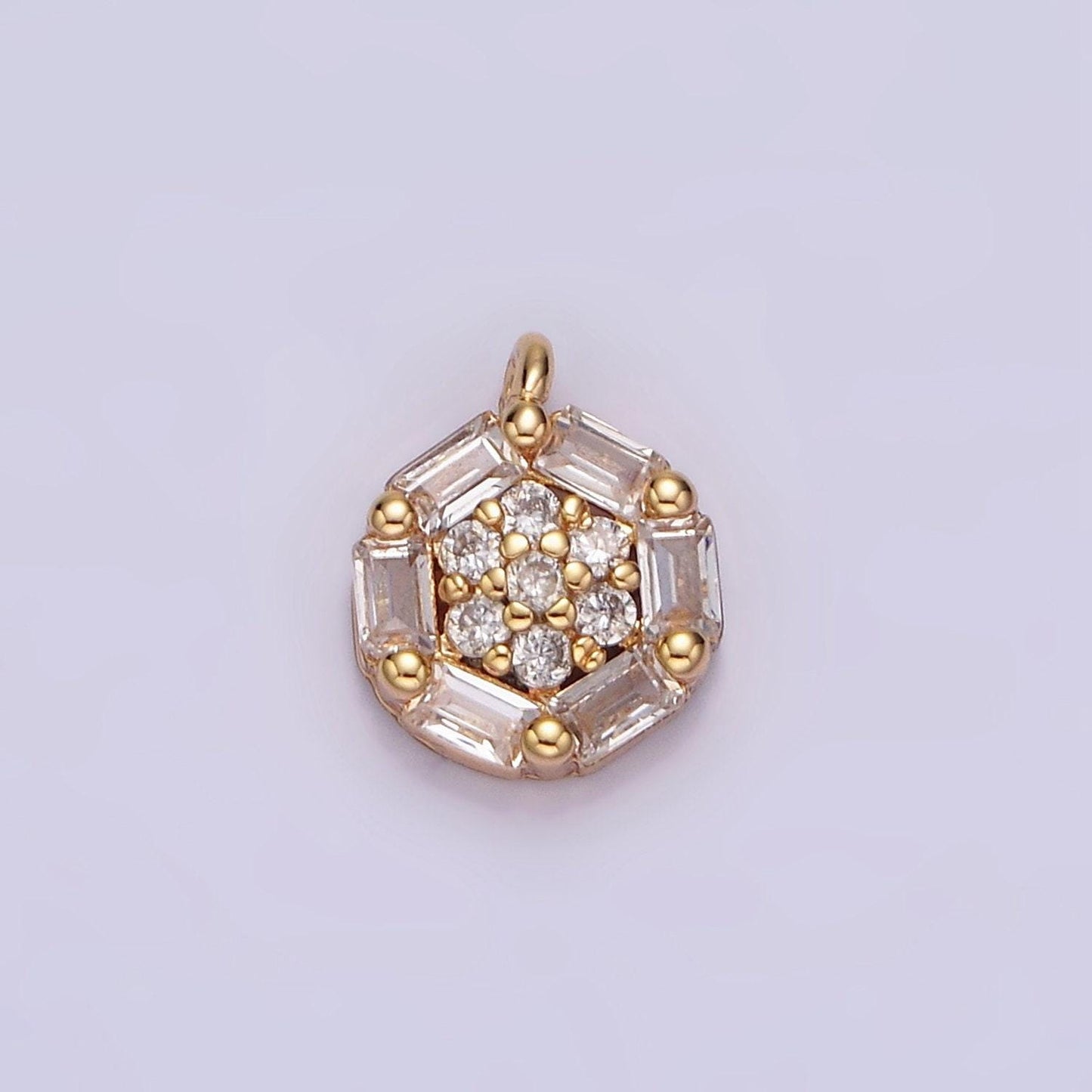 16k gold filled clear micro paved cz baguette lined round mini charm | n1750