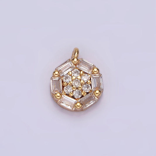 16k gold filled clear micro paved cz baguette lined round mini charm | n1750