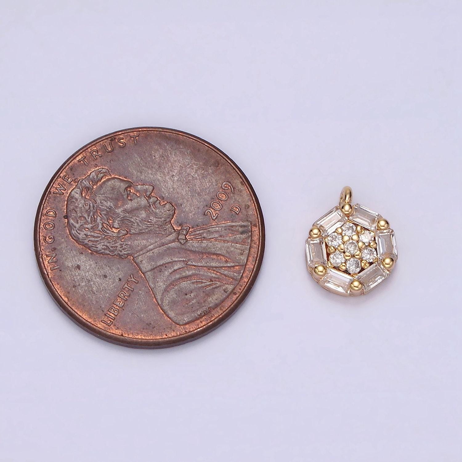 16k gold filled clear micro paved cz baguette lined round mini charm | n1750