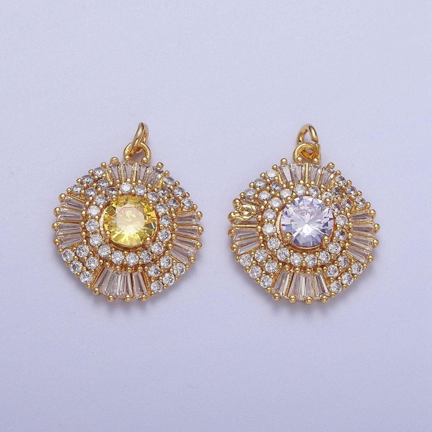 Elegant gold cz crystals circle pendant, 24k gold filled yellow/purple diamond micropaved clear cz baguette stones round charm | n-172