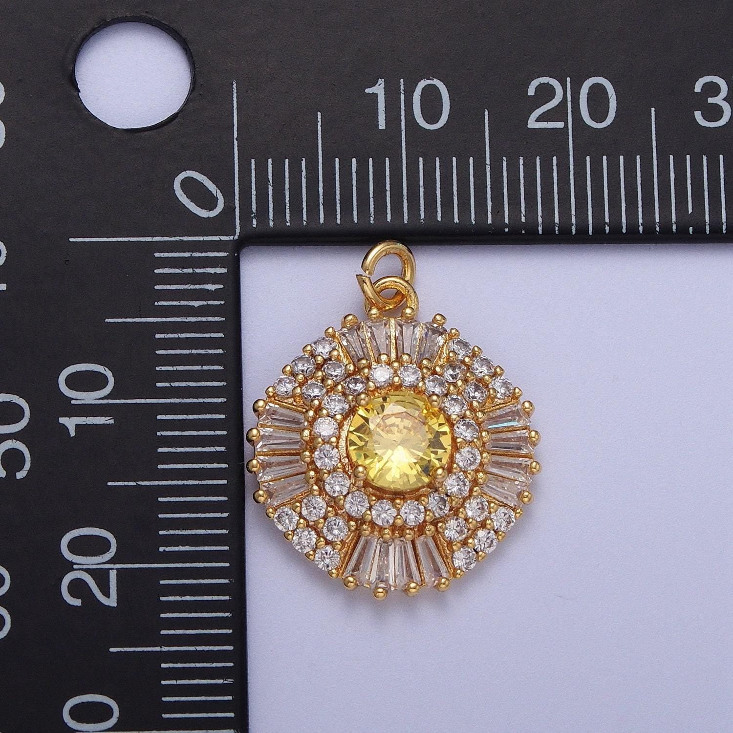 Elegant gold cz crystals circle pendant, 24k gold filled yellow/purple diamond micropaved clear cz baguette stones round charm | n-172