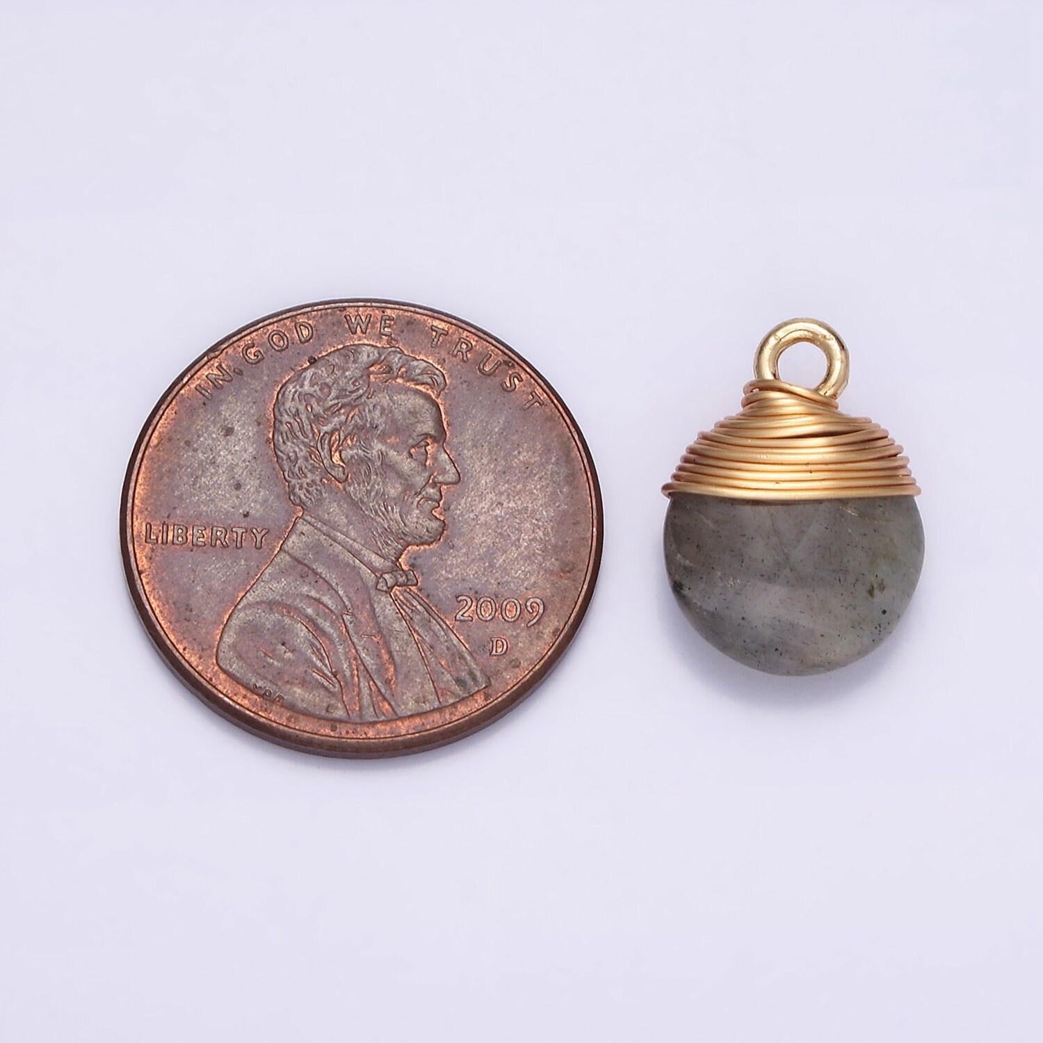 14k gold filled natural gemstone round multifaceted wire wrapped charm | n1718 - n1722