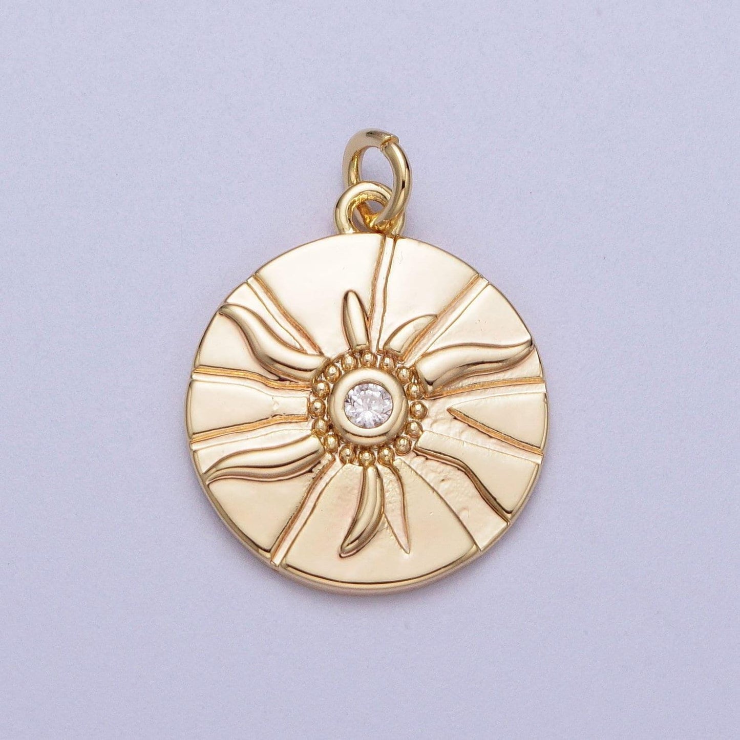 16k gold filled clear micro paved cz rustic sun rays beaded center coin medallion charm | n-171