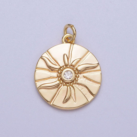 16k gold filled clear micro paved cz rustic sun rays beaded center coin medallion charm | n-171