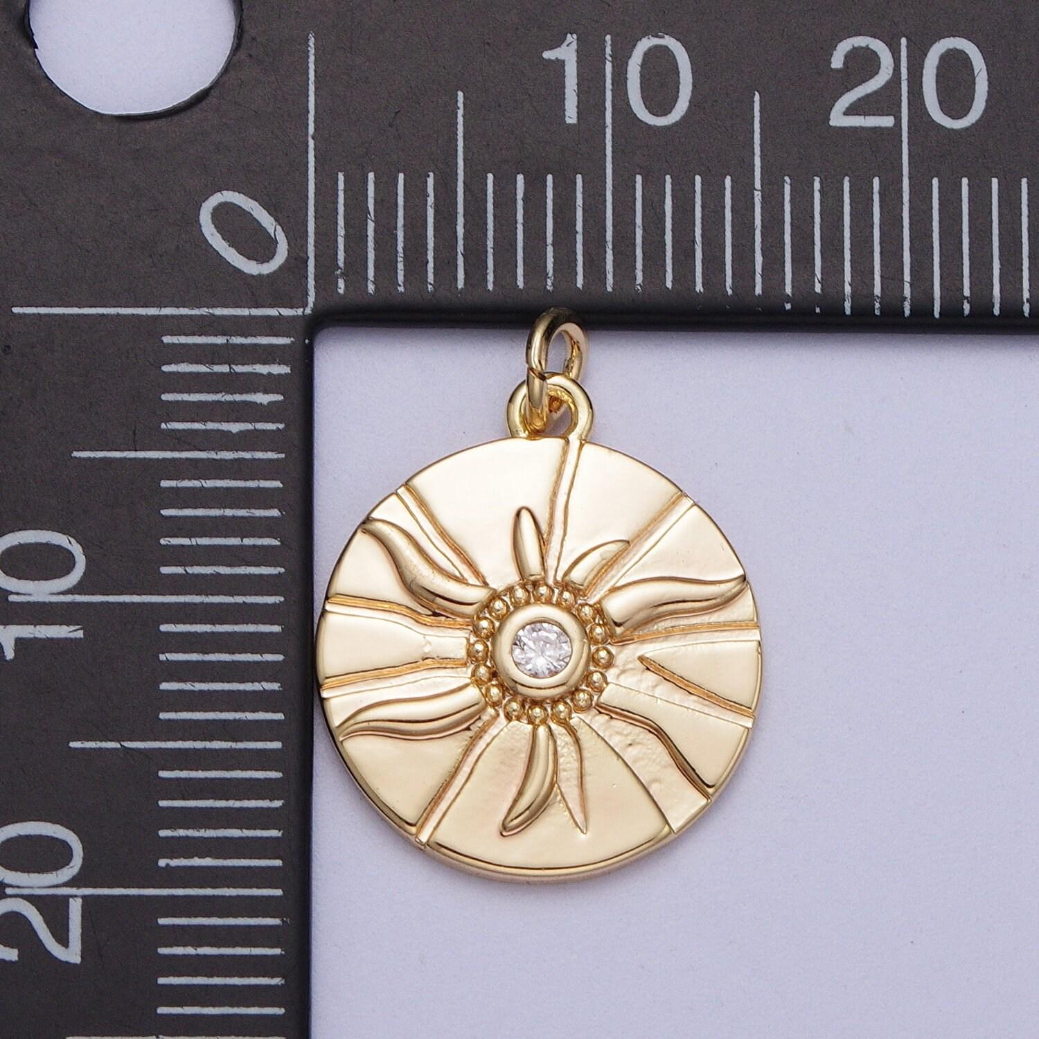 16k gold filled clear micro paved cz rustic sun rays beaded center coin medallion charm | n-171
