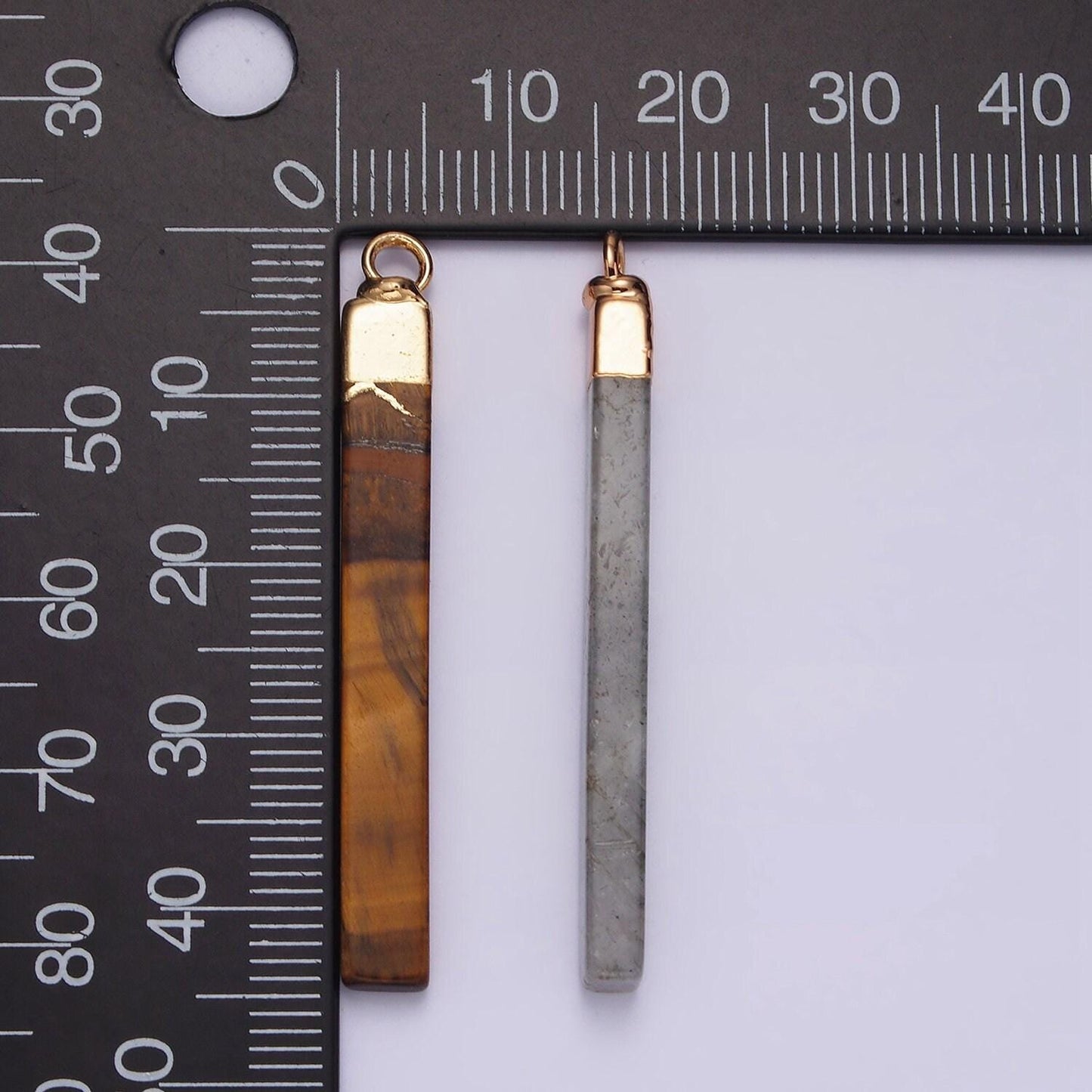 14k gold filled tiger eye, howlite, rose quartz, amethyst, labradorite foiled rectangular bar tag charm | n1700 - n1704