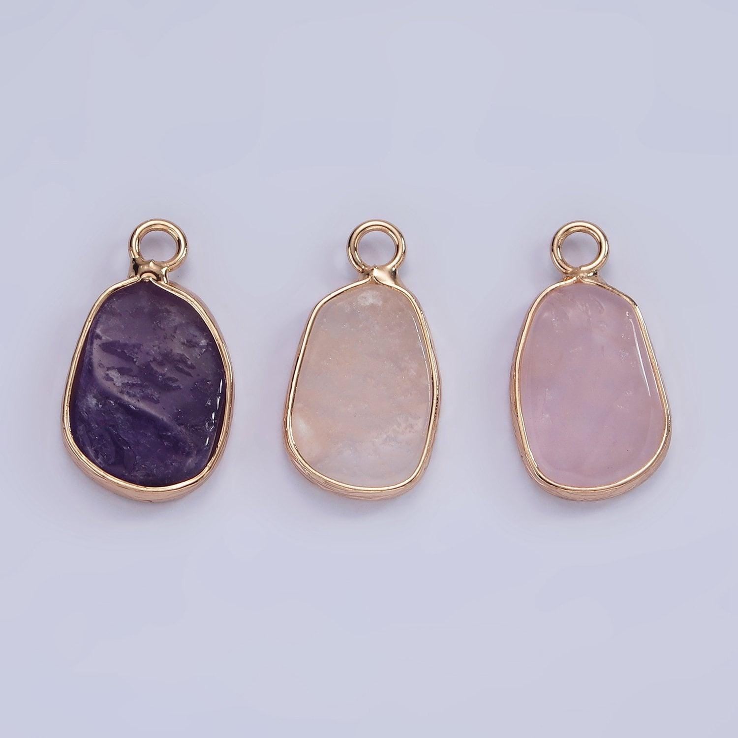 14k gold filled rose quartz, pink quartz, amethyst abstract oval bezel charm | n1696 - n1698