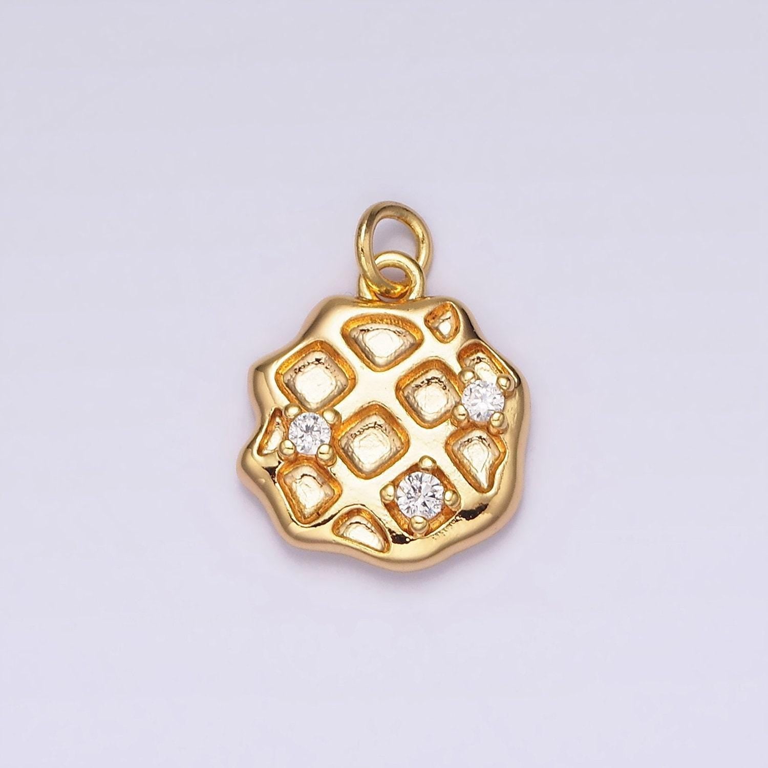 18k gold filled clear cz rhombus dented waffle abstract round charm | n1686