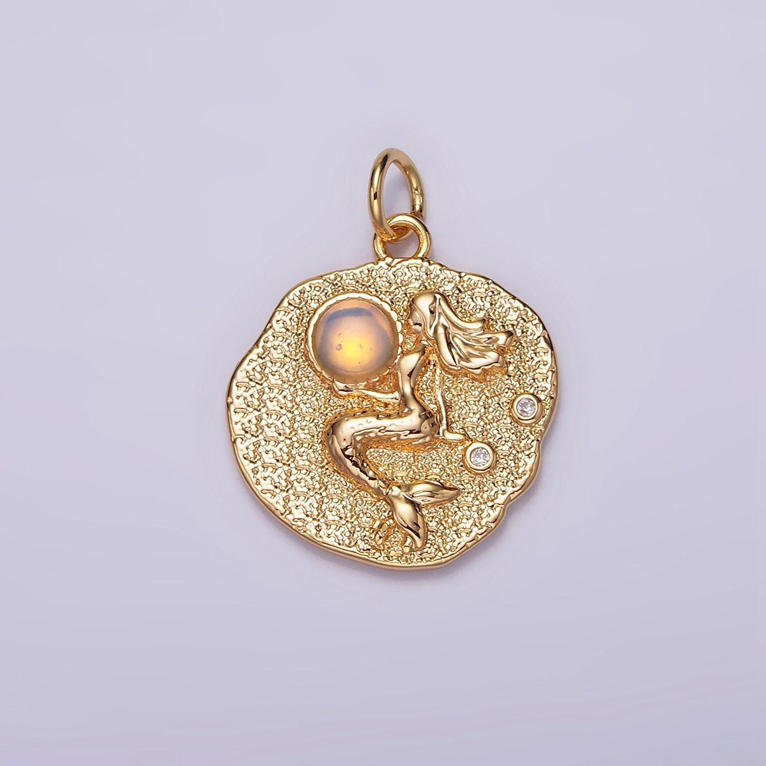 18k gold filled 19 mm gemstone mermaid fish stamped round charm | n1687 , n1753 - n1754