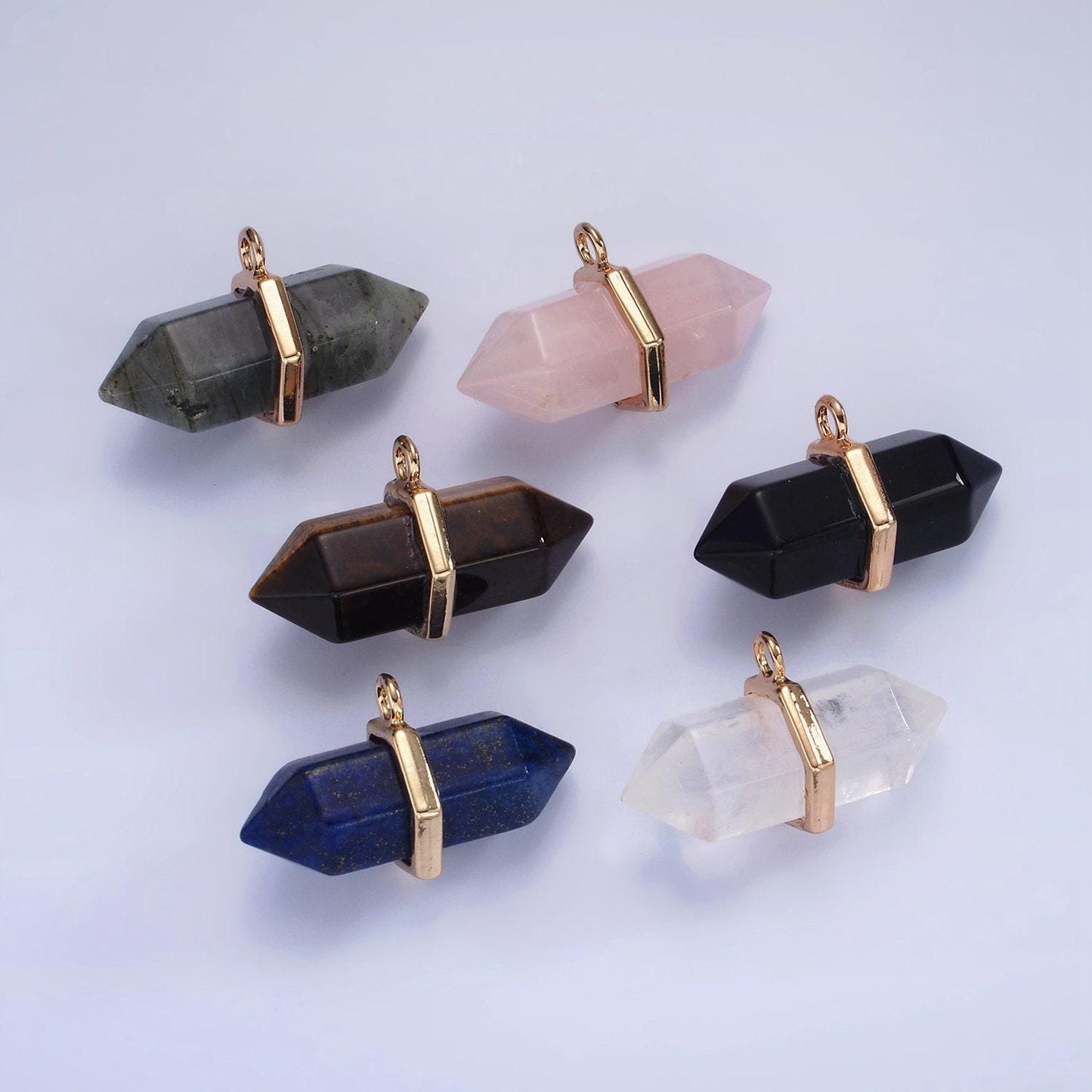 14k gold filled clear quartz, lapis lazuli, tiger eye, rose quartz, onyx, labradorite pointed wand charm | n1678 - n1683