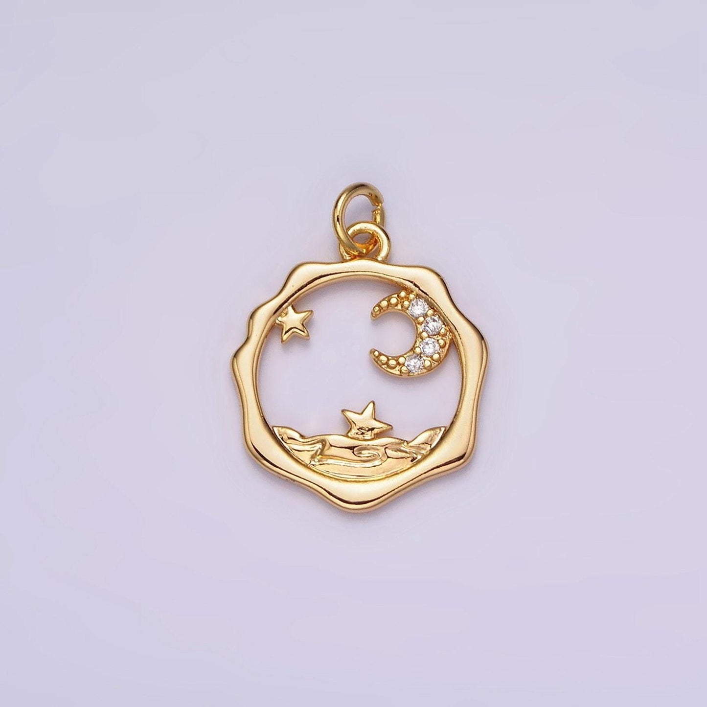 18k gold filled micro paved cz celestial stars crescent moon sea open wavy round charm | n1652
