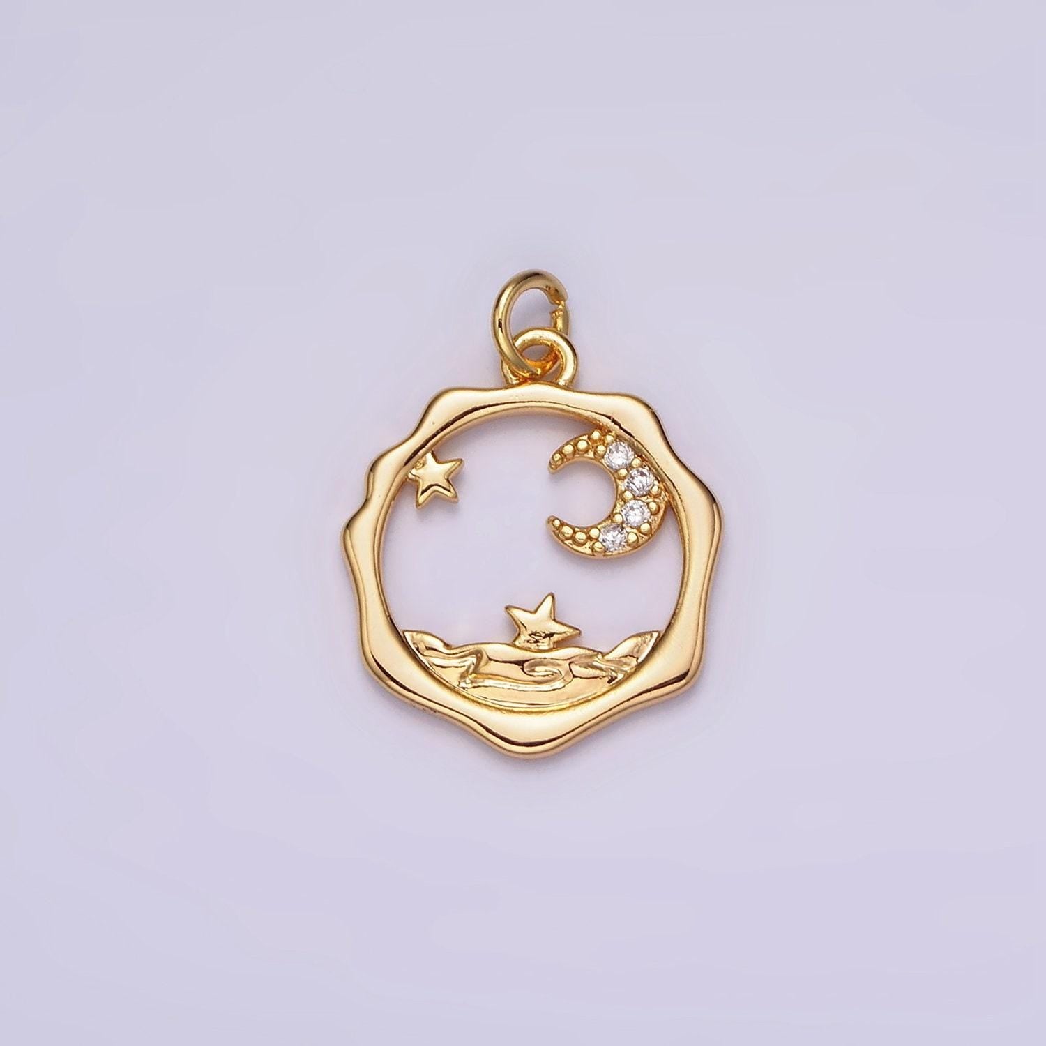 18k gold filled micro paved cz celestial stars crescent moon sea open wavy round charm | n1652
