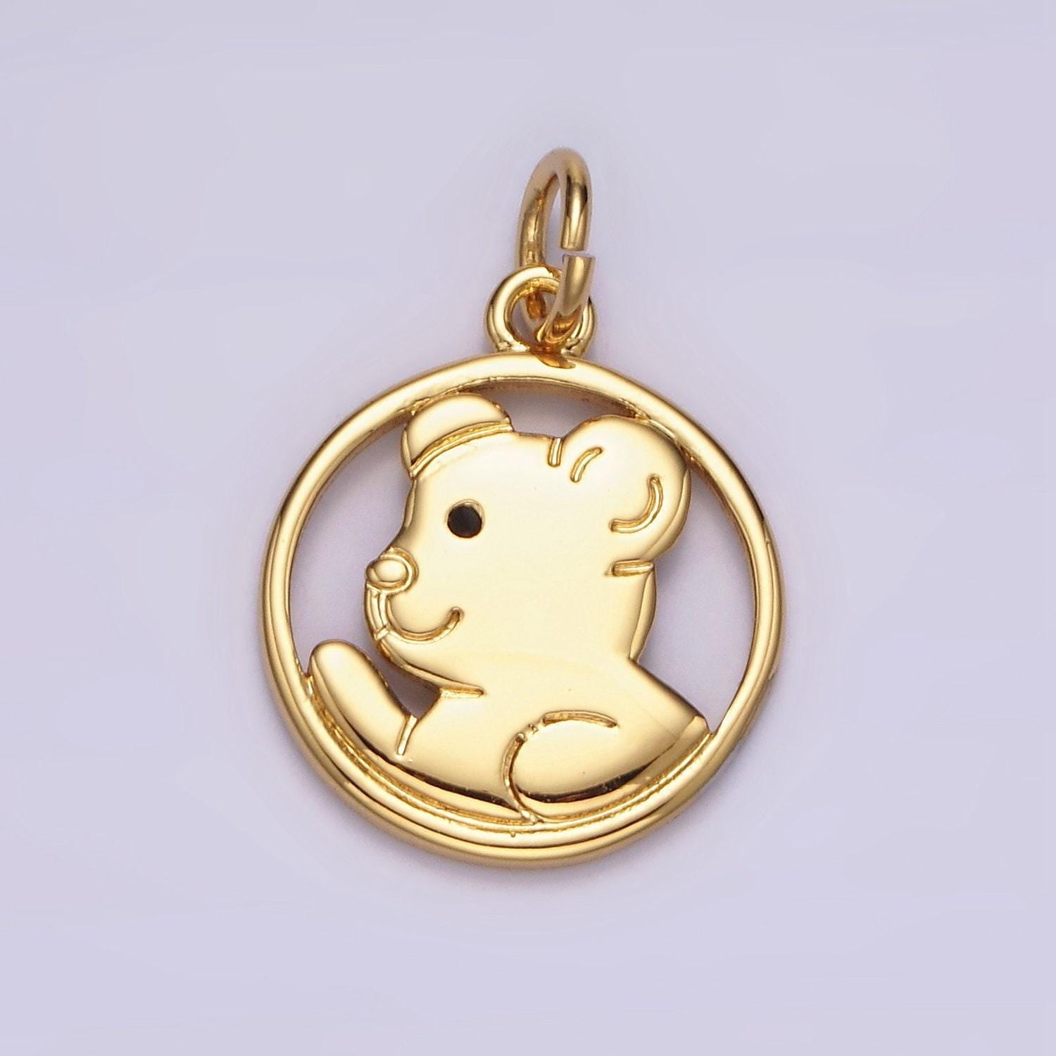 14k gold filled black-eyed teddy bear animal open round charm | n1599