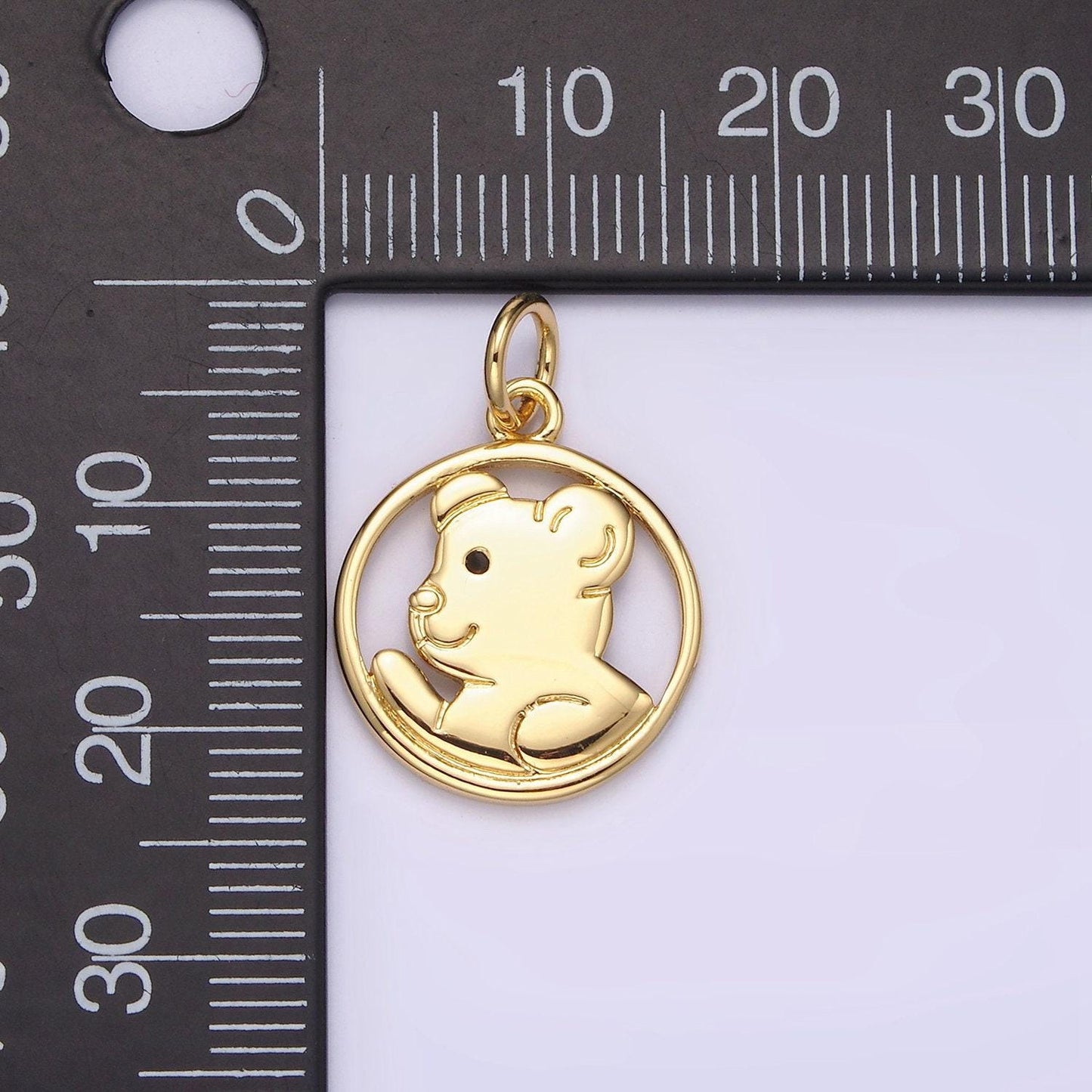 14k gold filled black-eyed teddy bear animal open round charm | n1599