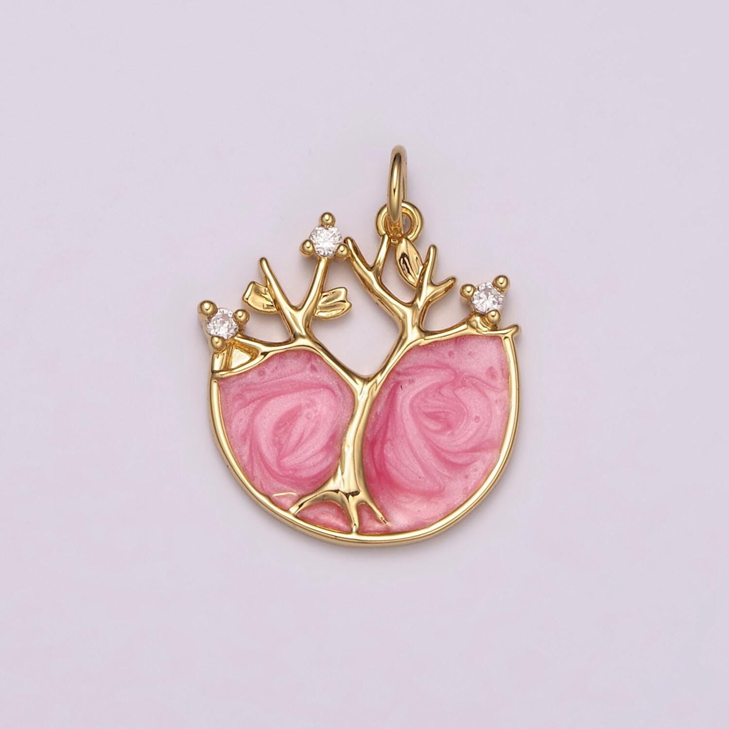 24k gold filled tree of life charm, pink enamel tree of life pendant for necklace bracelet earring