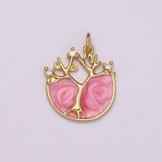 24k gold filled tree of life charm, pink enamel tree of life pendant for necklace bracelet earring