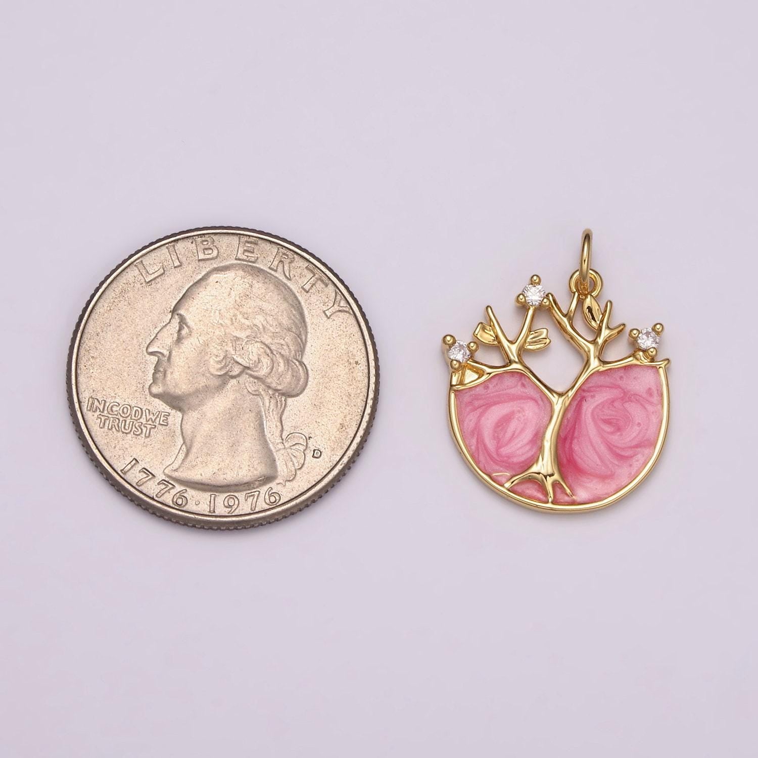 24k gold filled tree of life charm, pink enamel tree of life pendant for necklace bracelet earring