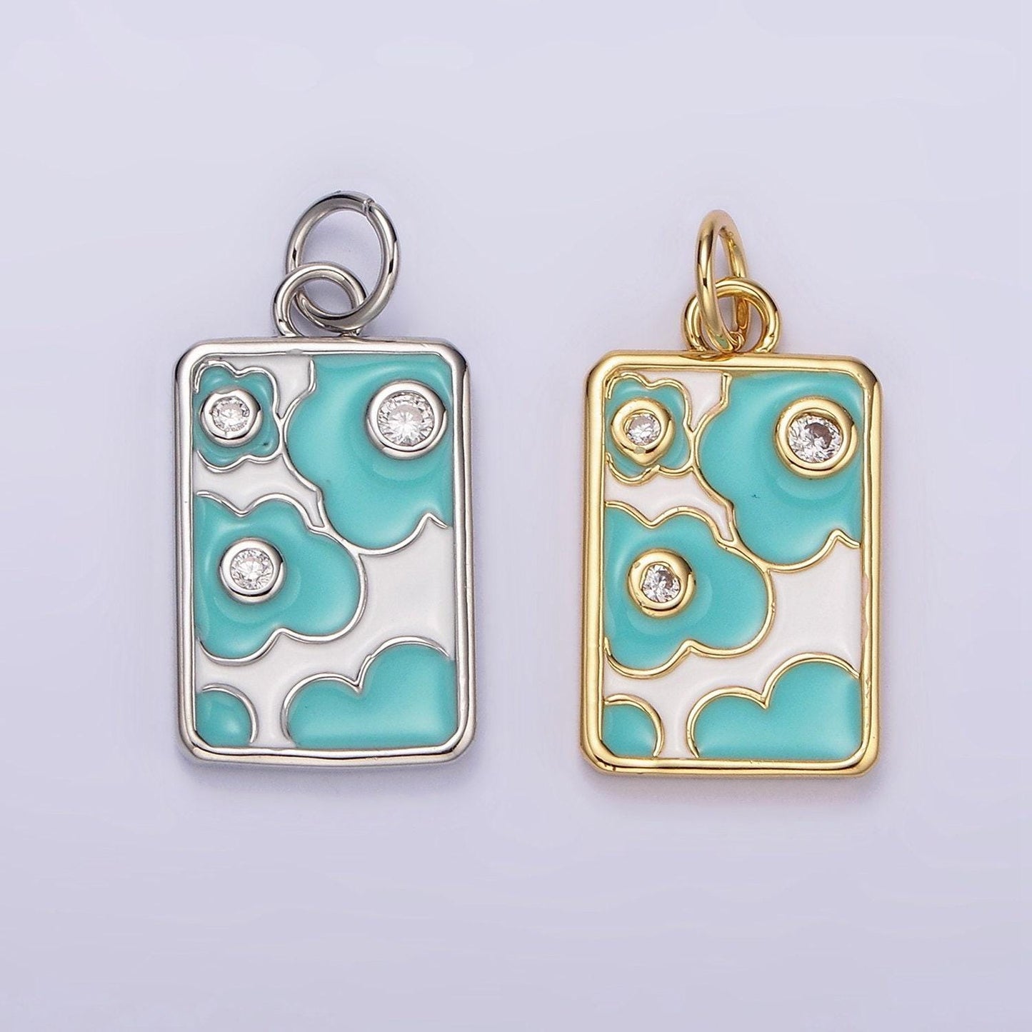 14k gold filled triple clear cz teal flower cloud enamel rectangular charm in gold & silver | n1547 n1548