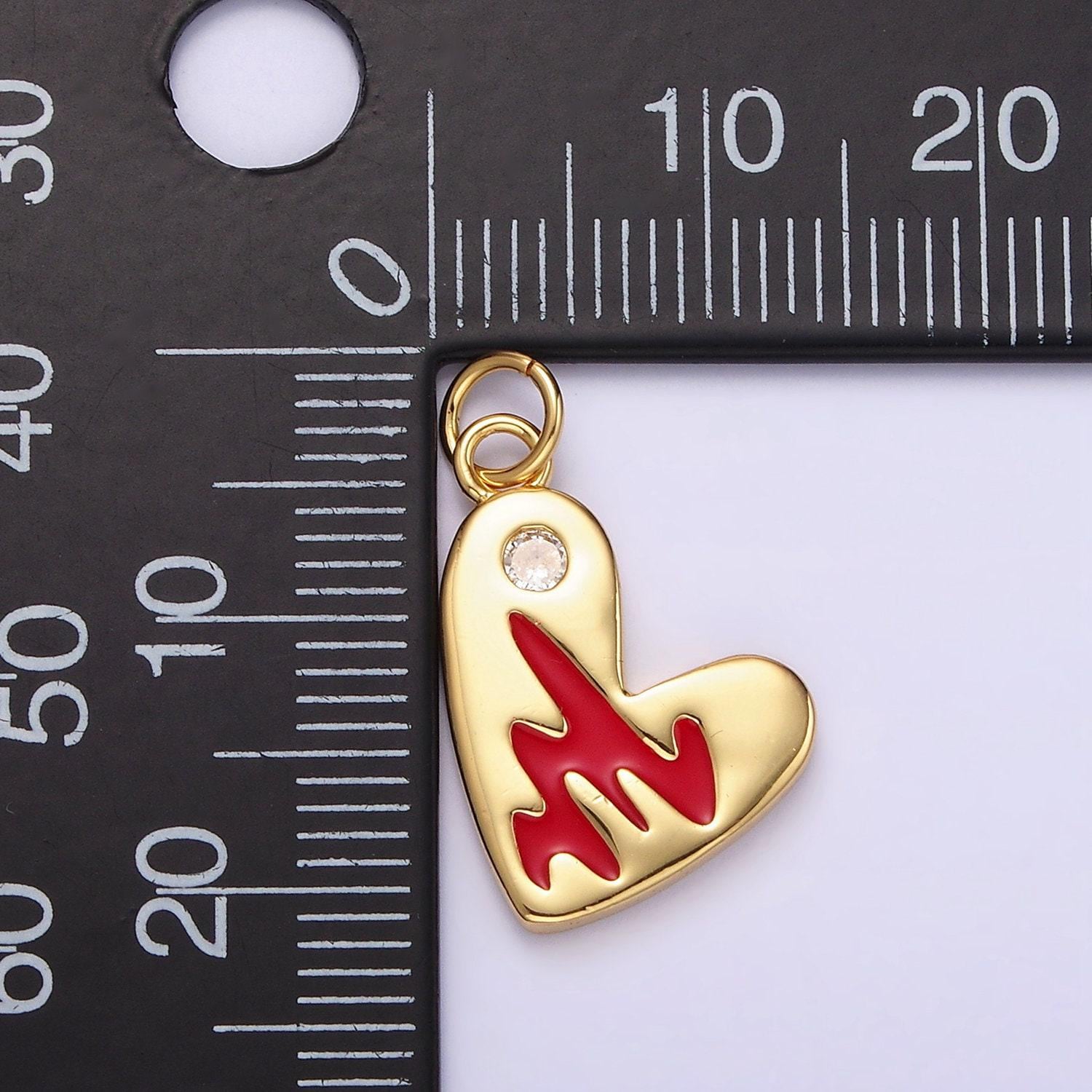 14k gold filled red enamel clear cz dot heart charm in gold & silver | n1549 n1550