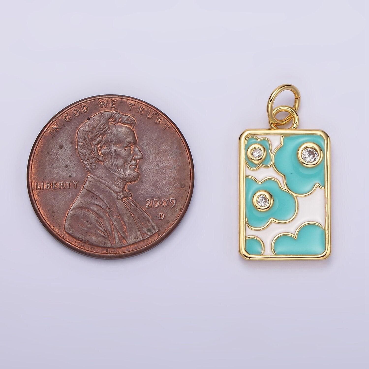 14k gold filled triple clear cz teal flower cloud enamel rectangular charm in gold & silver | n1547 n1548