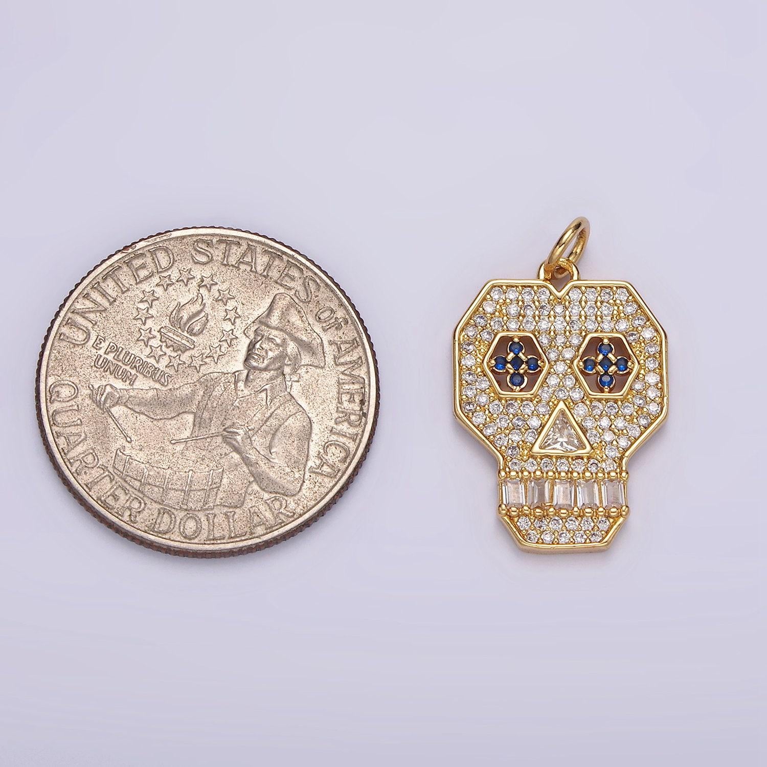 14k gold filled blue-eyed skeleton skull clear micro paved cz charm | n1536