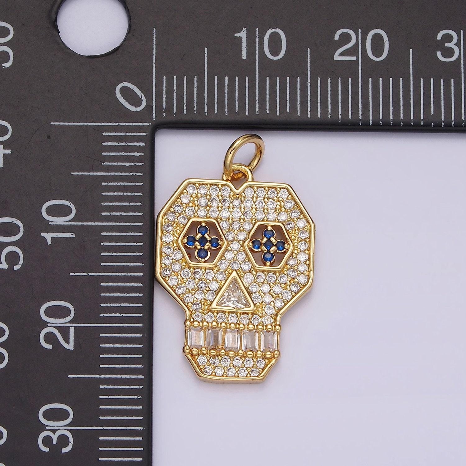 14k gold filled blue-eyed skeleton skull clear micro paved cz charm | n1536