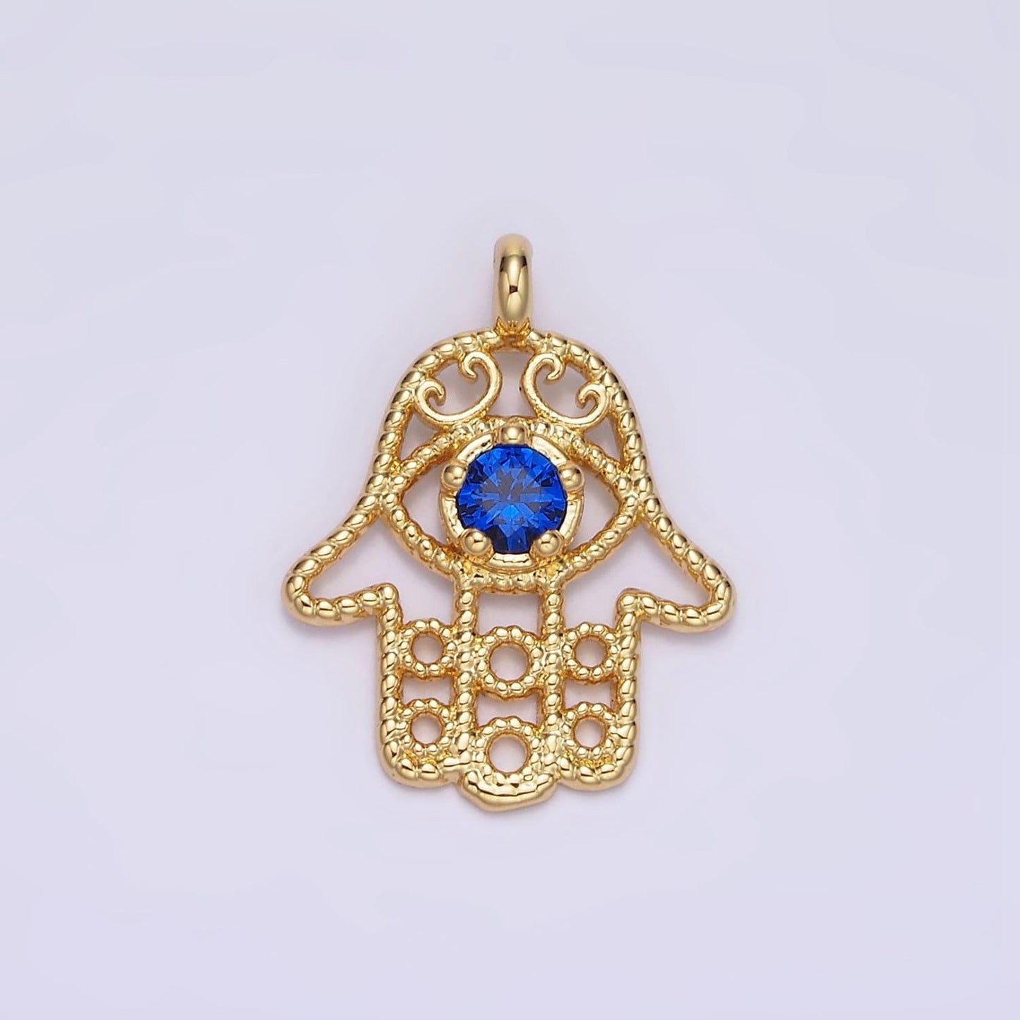 16k gold filled blue cz elaborate twisted open hamsa hand pendant | n1522