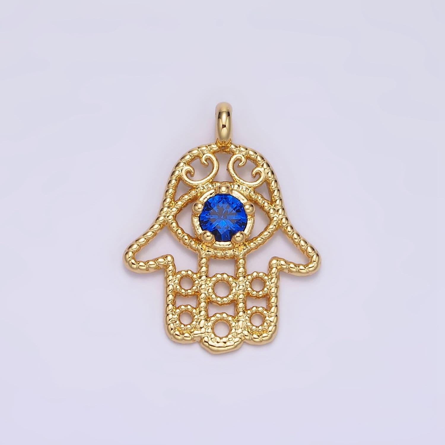 16k gold filled blue cz elaborate twisted open hamsa hand pendant | n1522