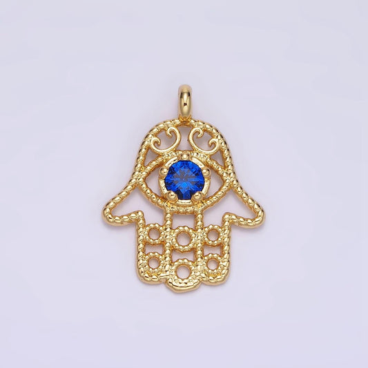 16k gold filled blue cz elaborate twisted open hamsa hand pendant | n1522