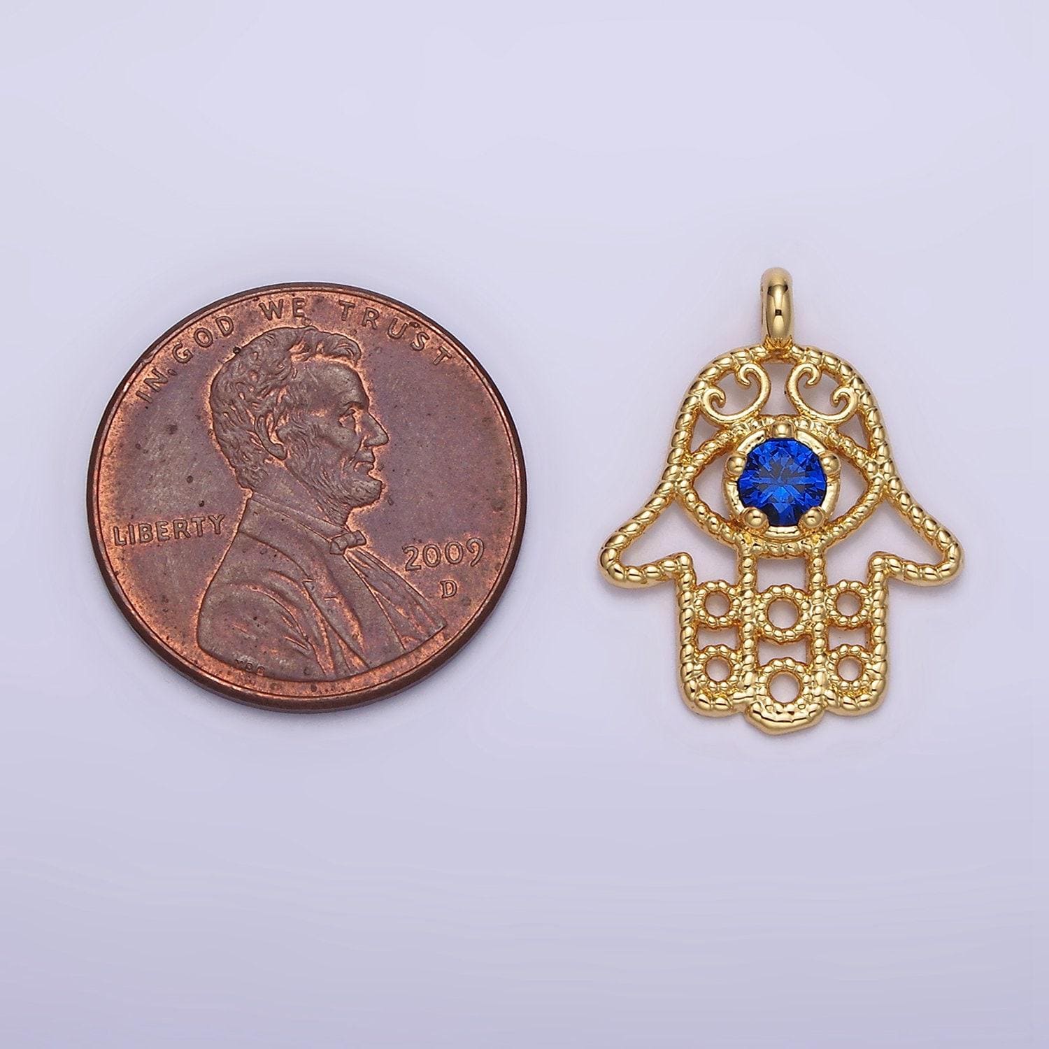 16k gold filled blue cz elaborate twisted open hamsa hand pendant | n1522