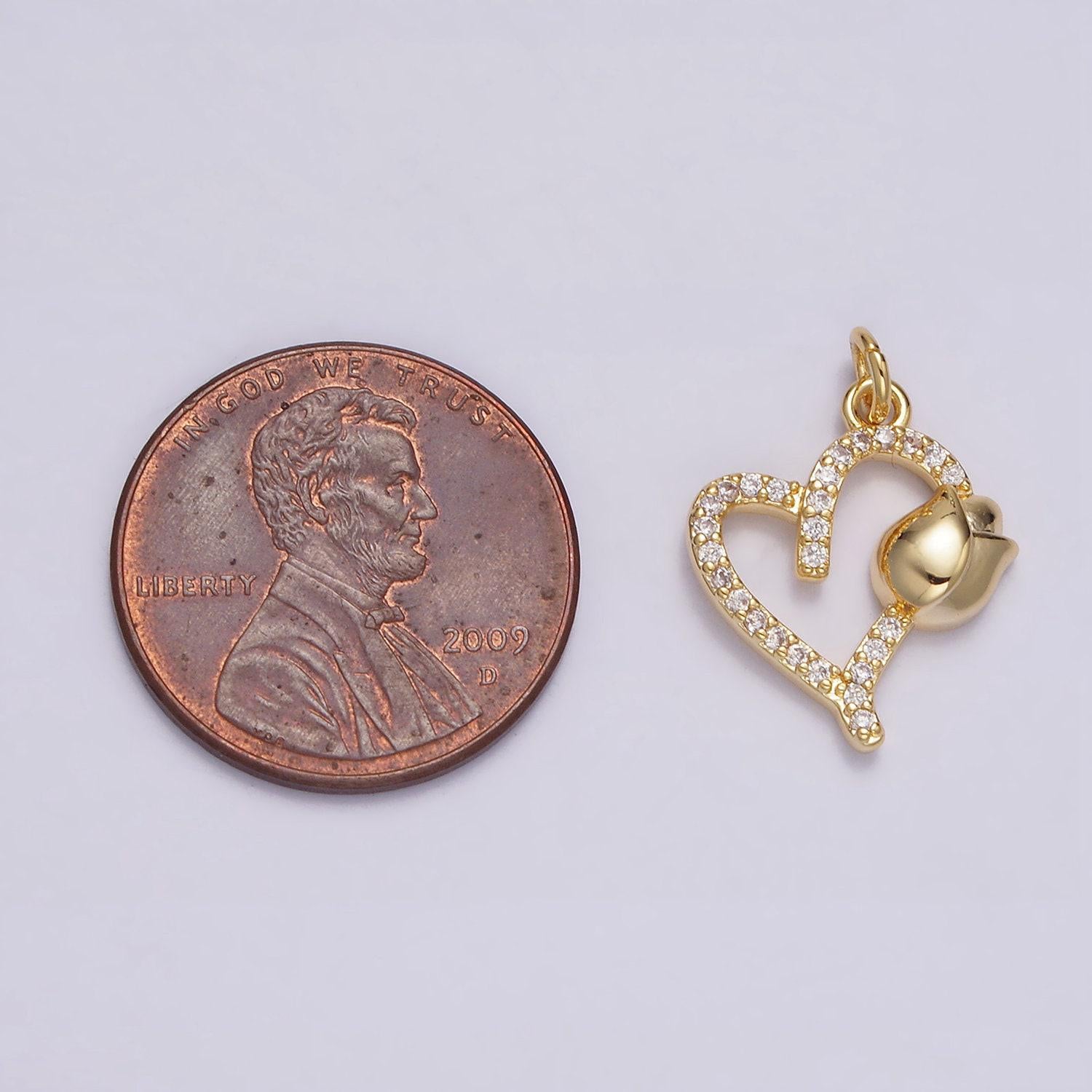 Mini gold heart charm with tulip buds flower charms cz floral charm, gold love charm relationship jewelry inspired n-1492