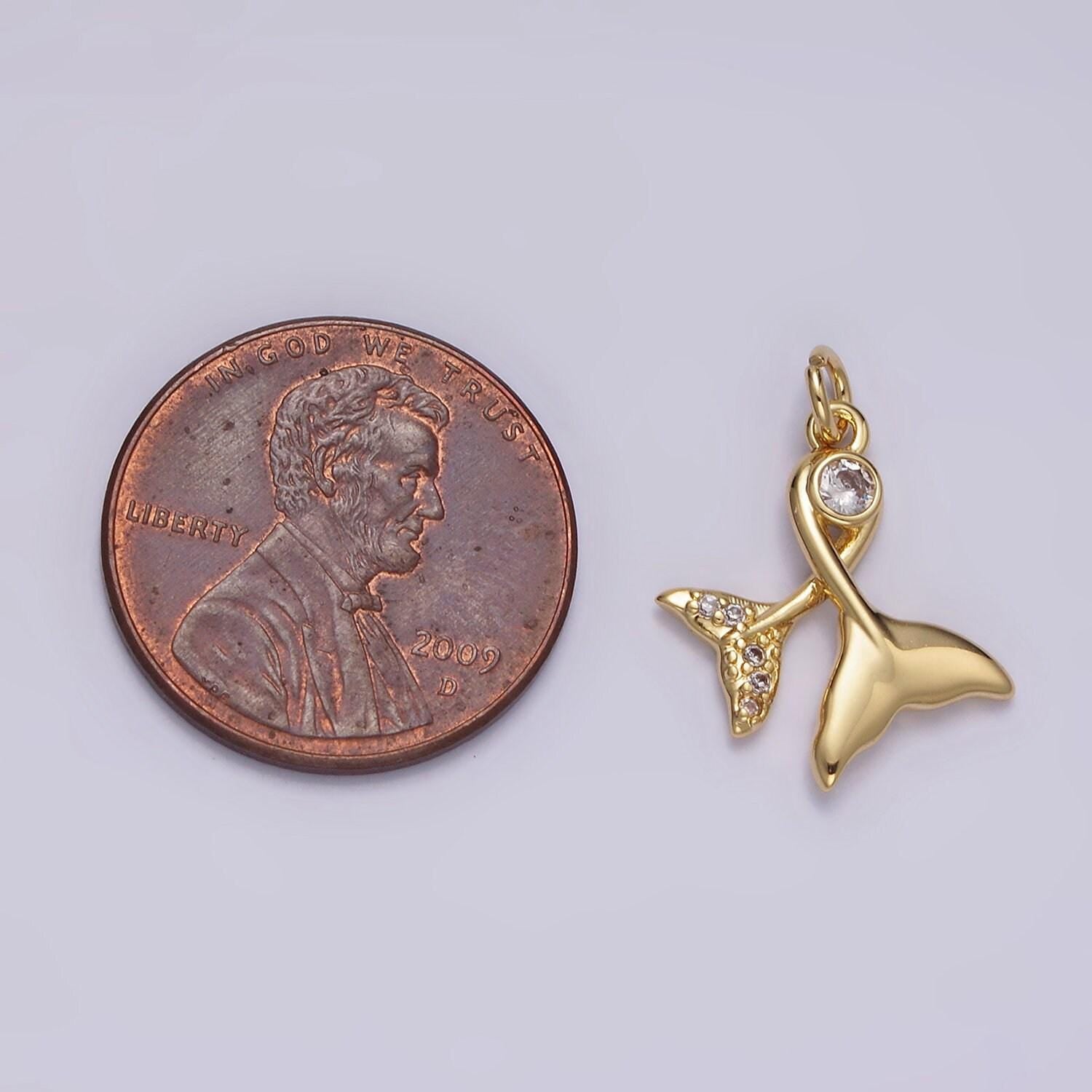 14k gold filled 18mm clear cz double mermaid ocean micro paved whale tail charm | n1488