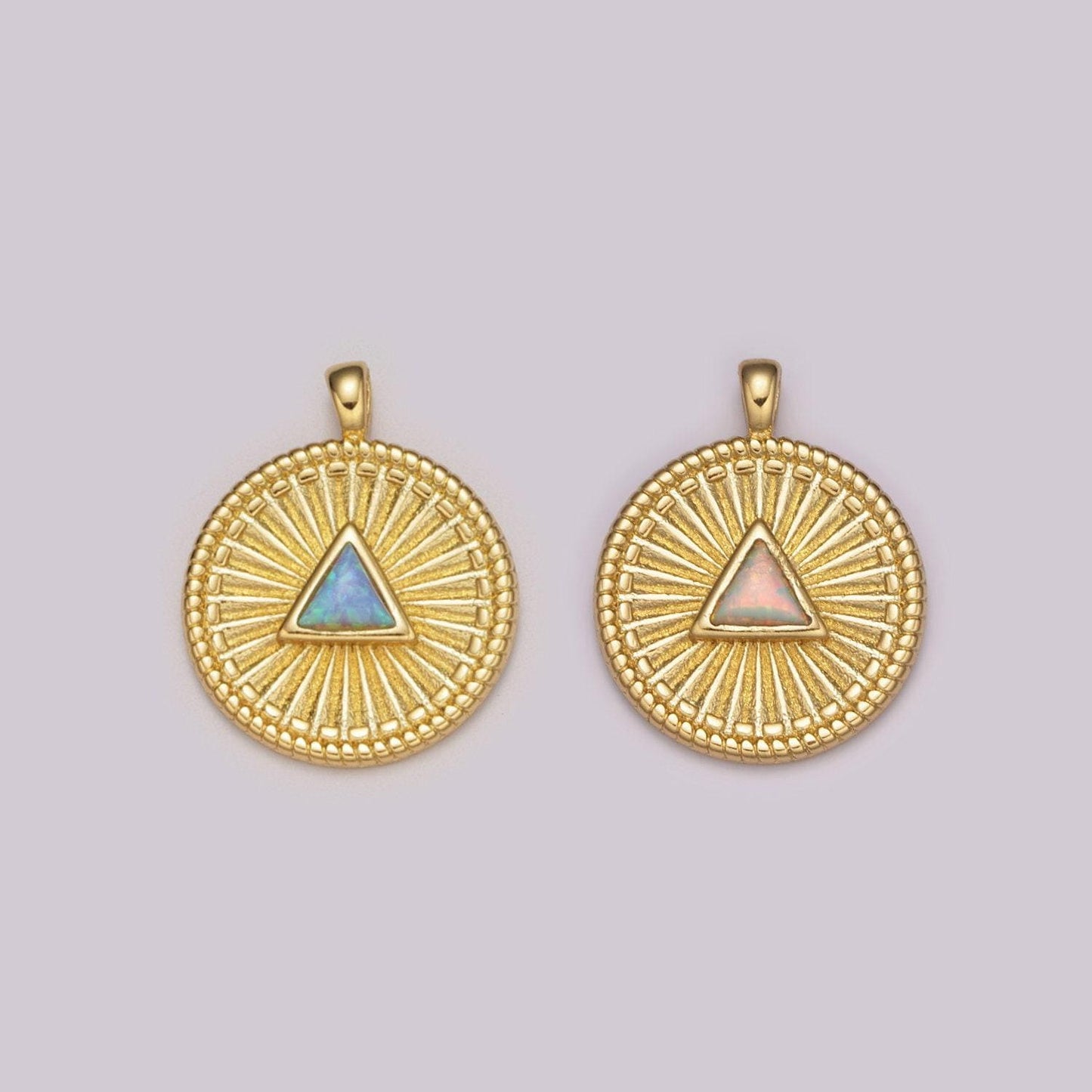 Gold medallion charm, opal triangle coin charm sunburst geometric amulet layering necklace charm