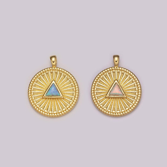 Gold medallion charm, opal triangle coin charm sunburst geometric amulet layering necklace charm
