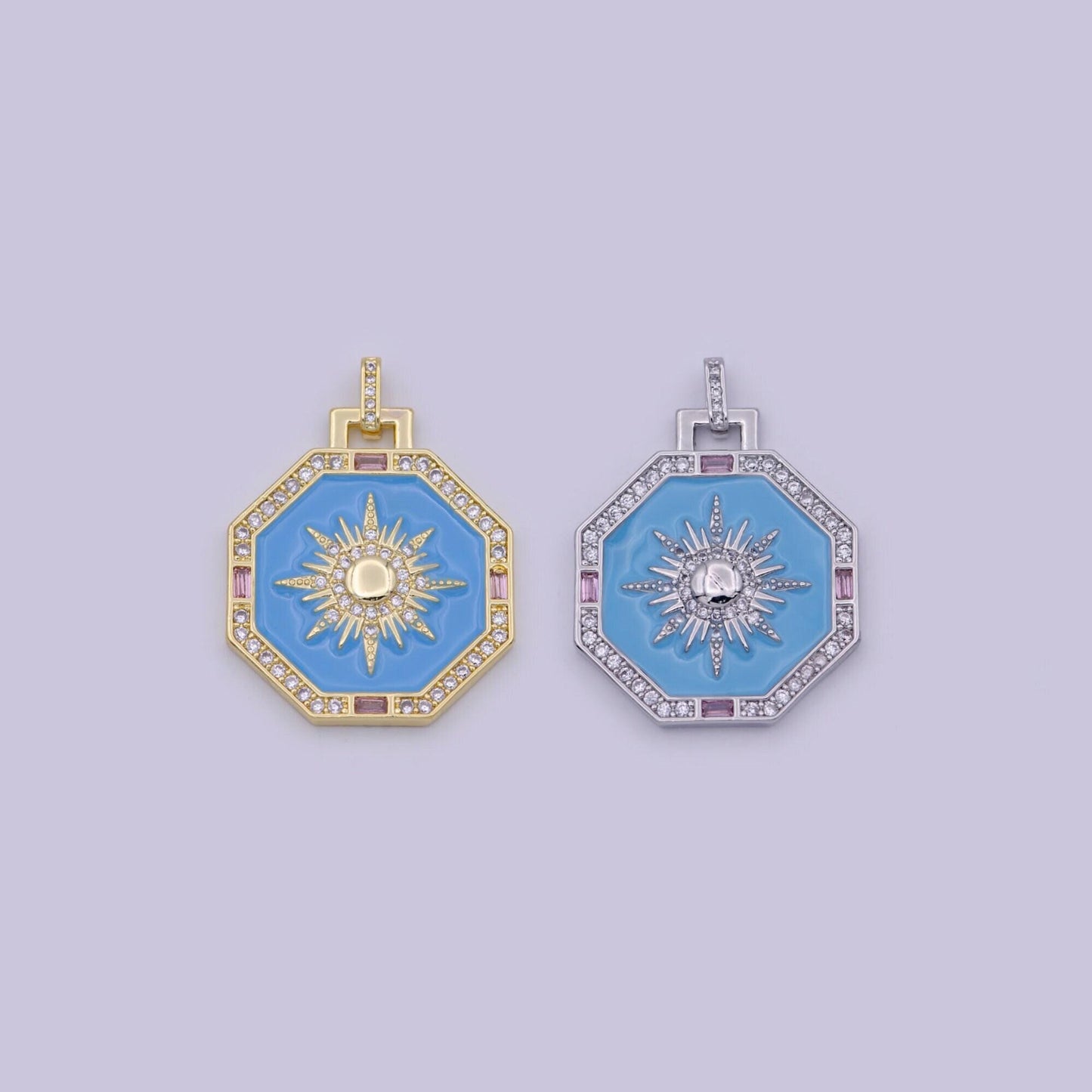 Blue enamel micro pave sun pendant sun ray dainty medallion charm for necklace findings for jewelry making, b-930