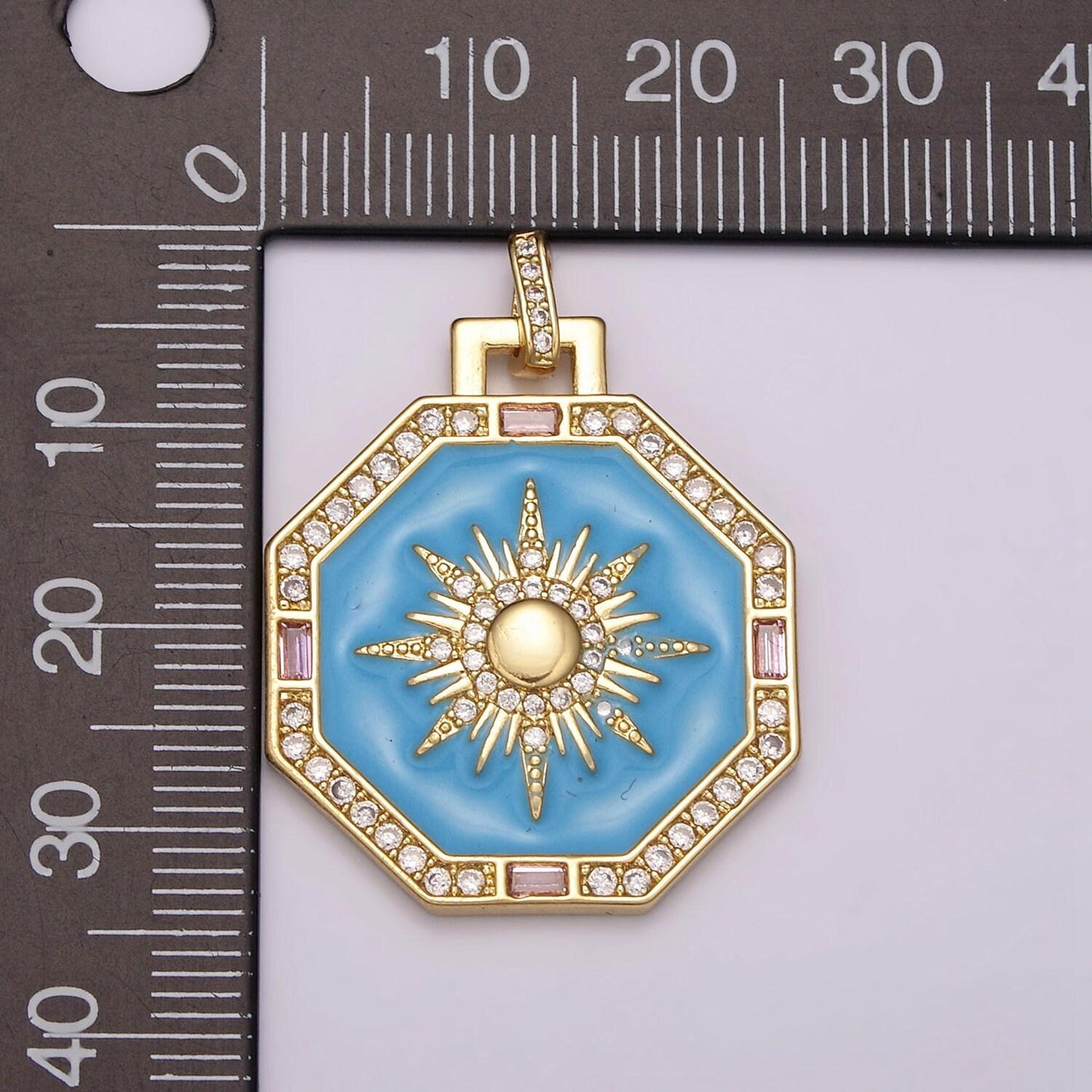 Blue enamel micro pave sun pendant sun ray dainty medallion charm for necklace findings for jewelry making, b-930