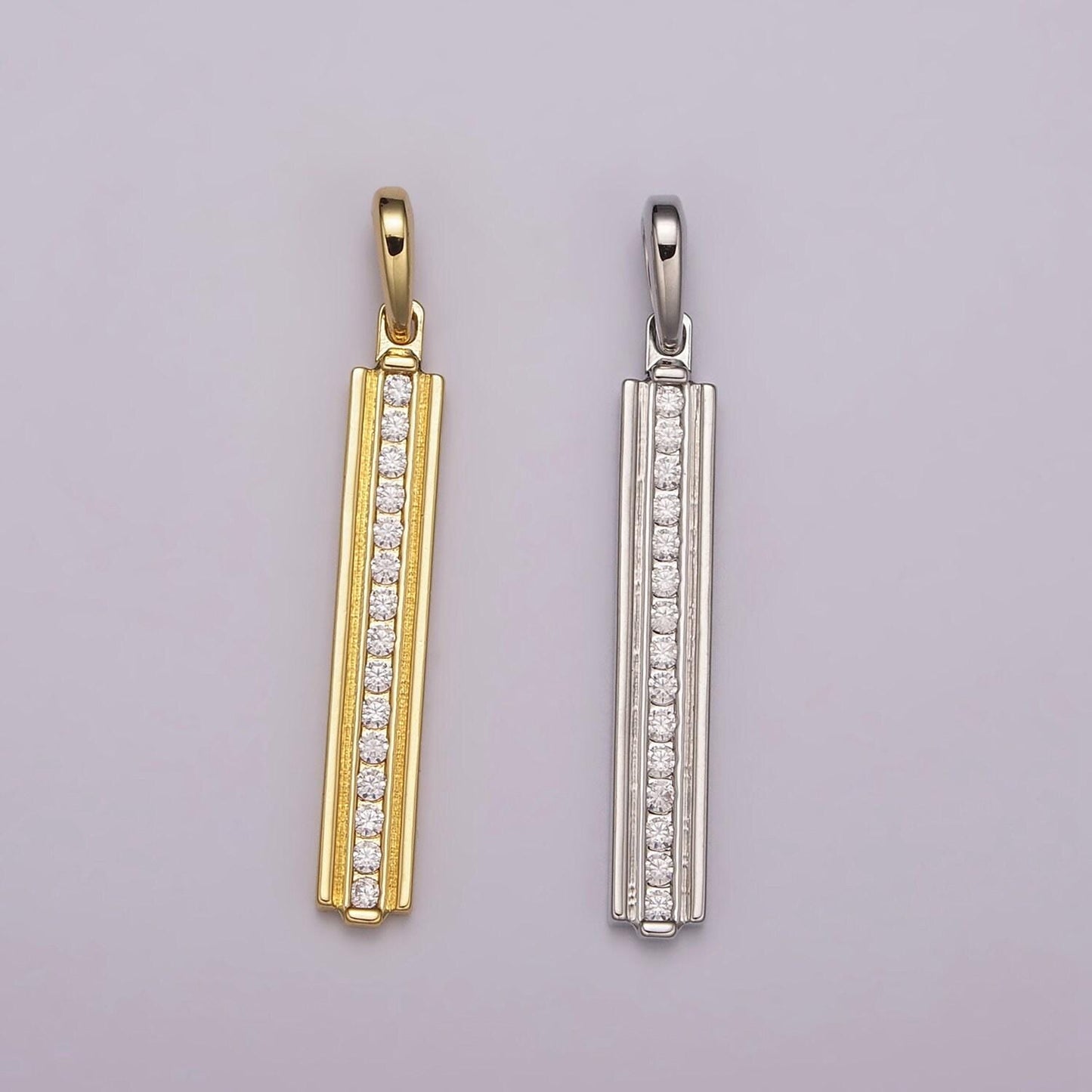Long cubic zirconia stick bar cubic zirconia charms, thin cz bar pendant, gold filled over brass