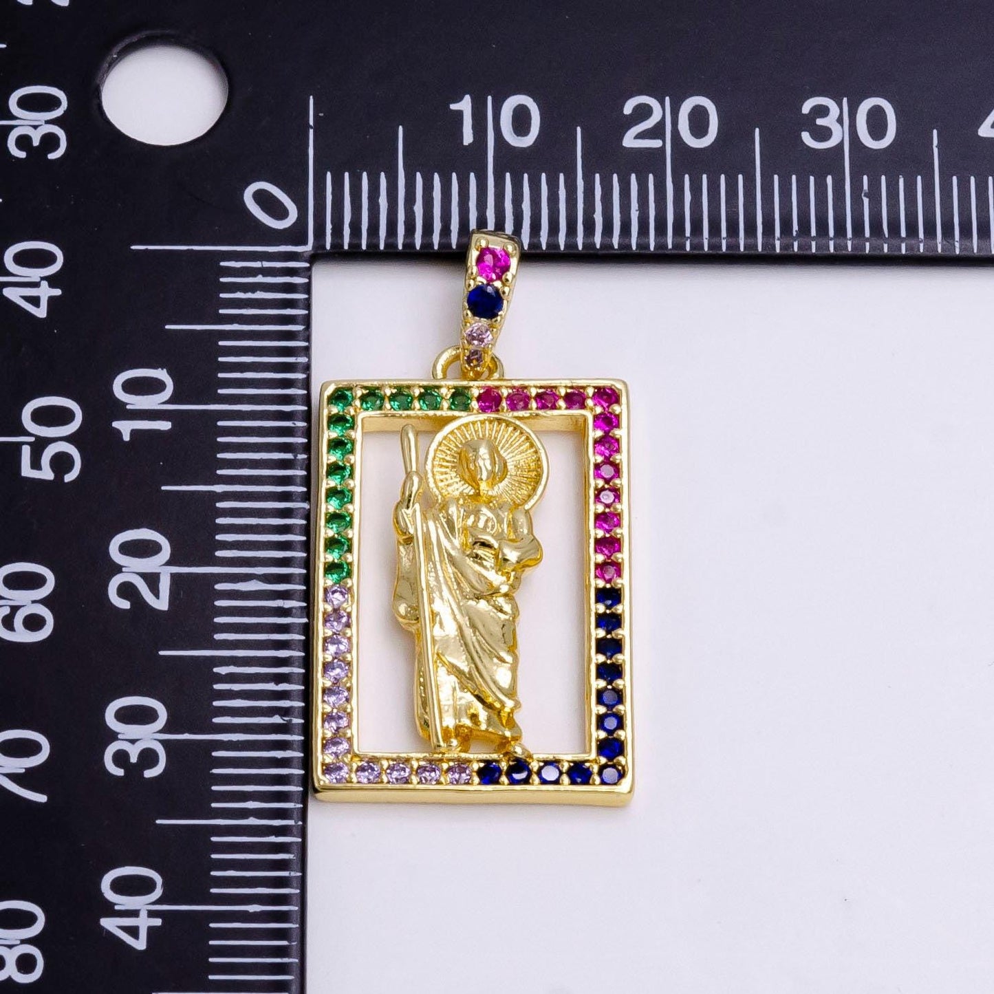 14k gold filled saint jude religious figure open multicolor micro paved cz rectangular pendant | n1457