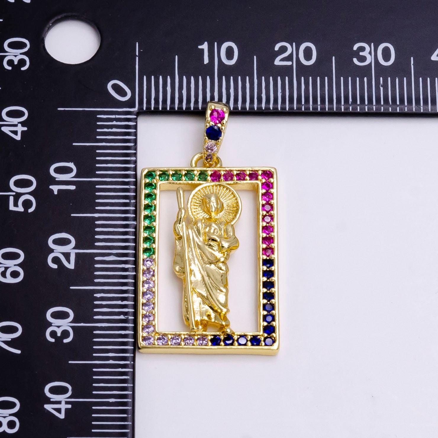 14k gold filled saint jude religious figure open multicolor micro paved cz rectangular pendant | n1457