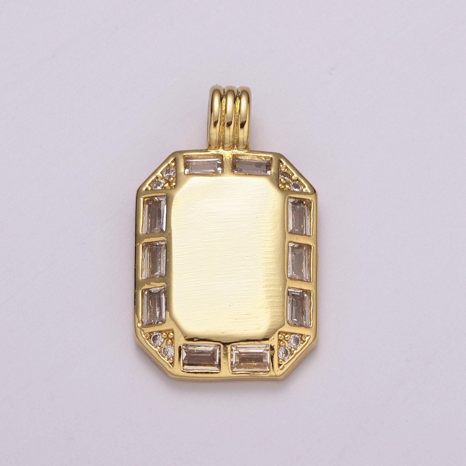 24k gold filled octagon pendant necklace, dainty tag, rectangular baguette cz charm for layer necklace supply
