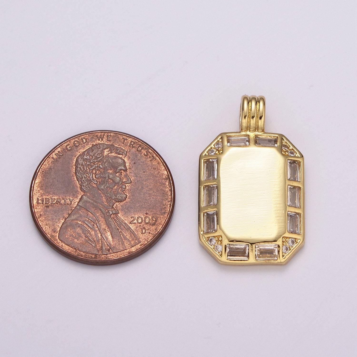 24k gold filled octagon pendant necklace, dainty tag, rectangular baguette cz charm for layer necklace supply