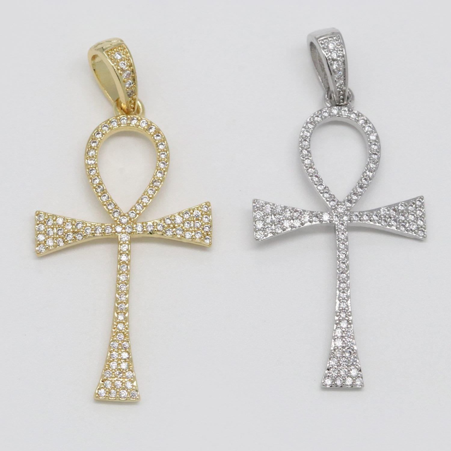Cz gold filled ankh, symbol of life, white goldfiled egyptian pantheon, crux ansata, eternal life cross necklace pendant charm n-1442,n-1443
