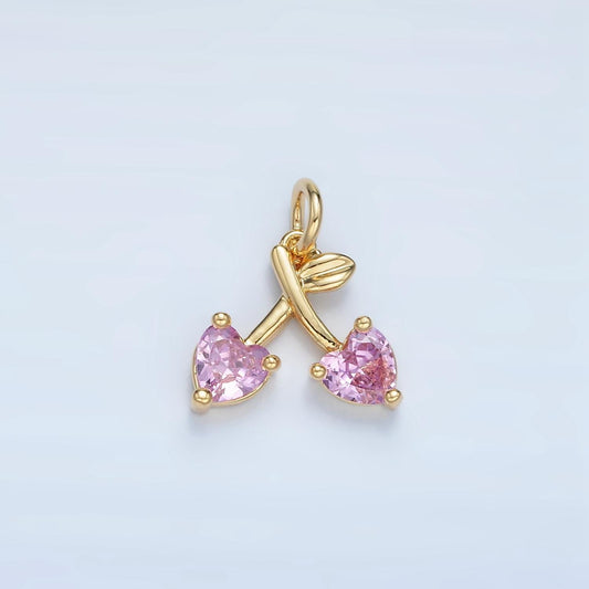 14k gold filled pink cz heart cherry fruit mini add-on charm | n1435