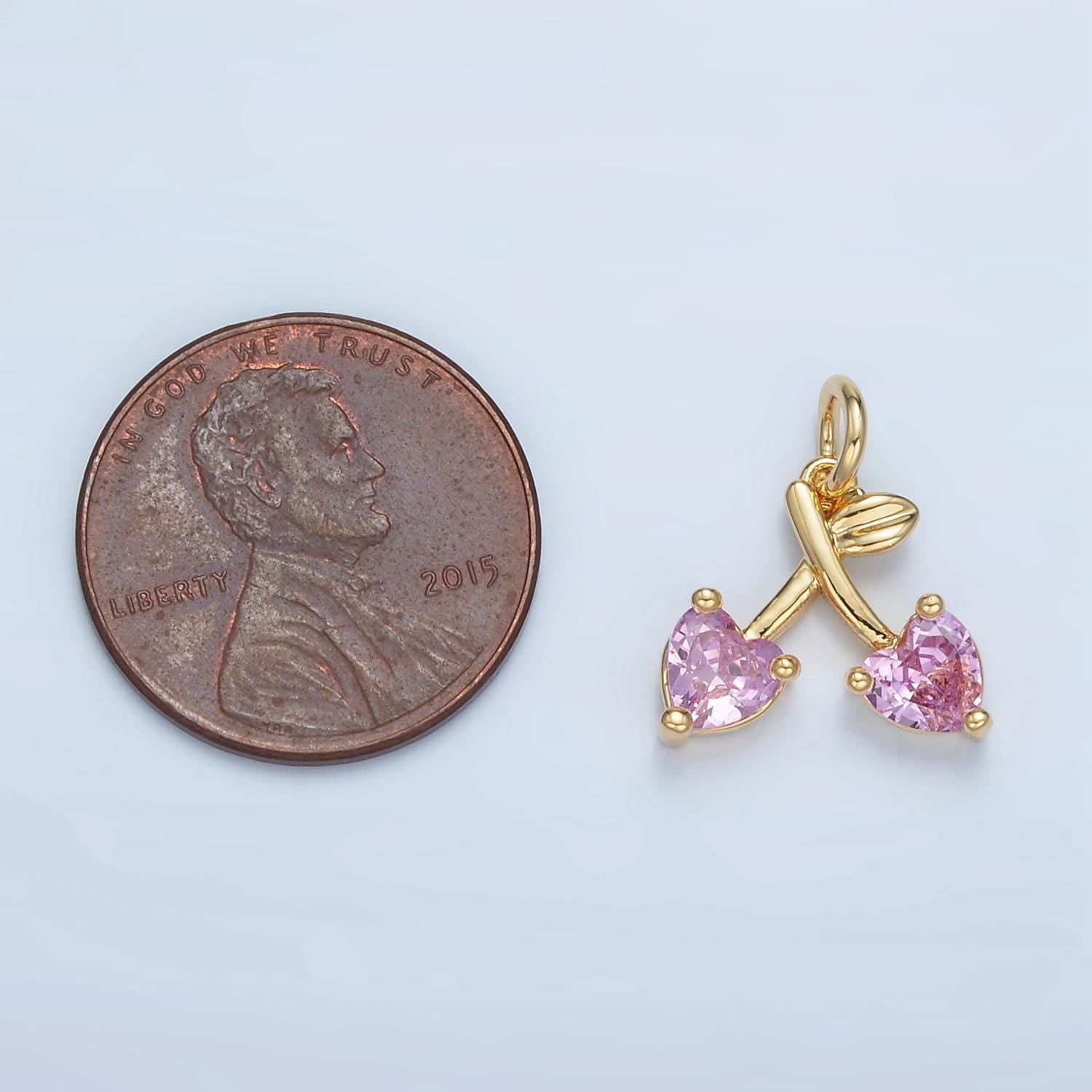 14k gold filled pink cz heart cherry fruit mini add-on charm | n1435