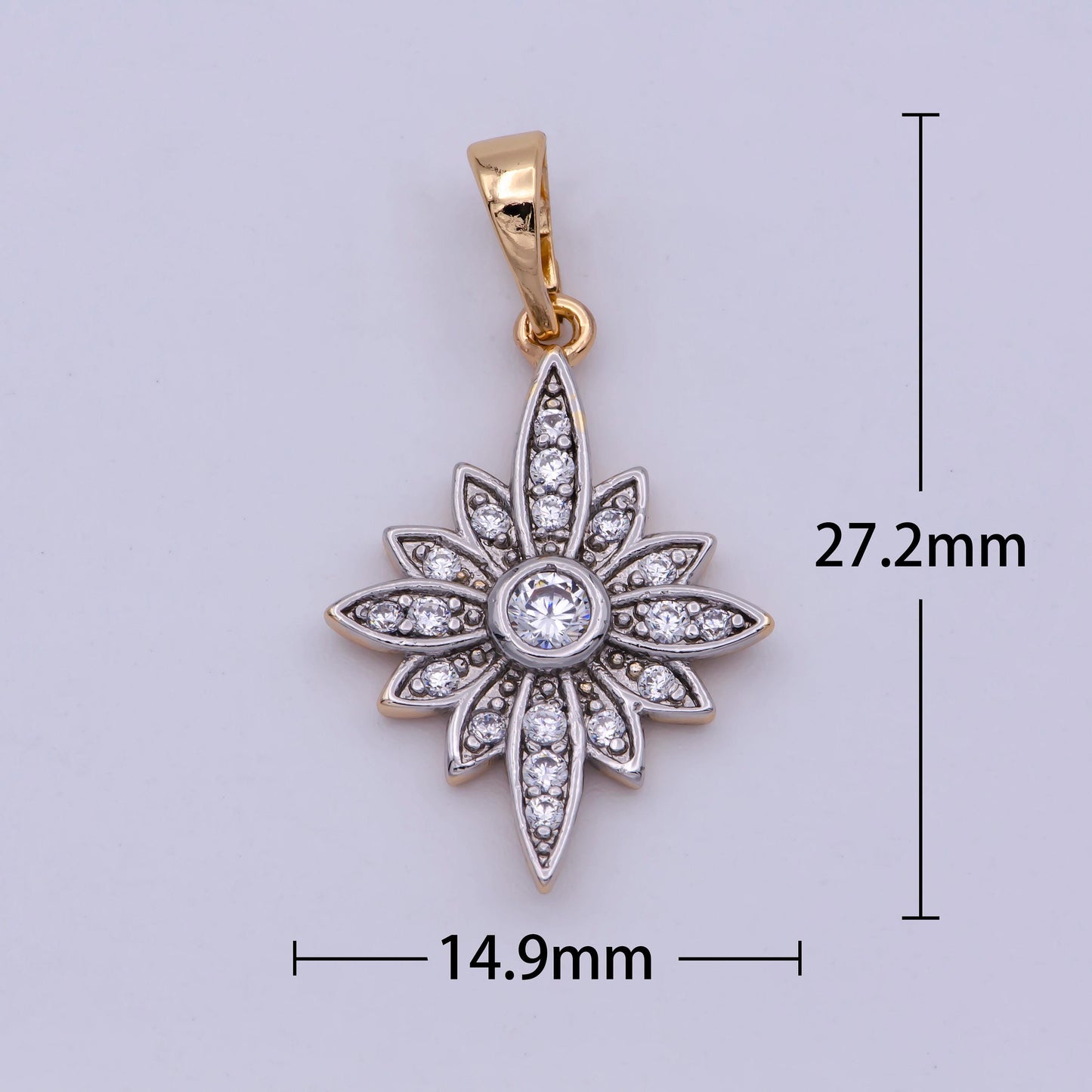 18k gold filled clear micro paved cz celestial north star sun flower mixed metal pendant | n1431