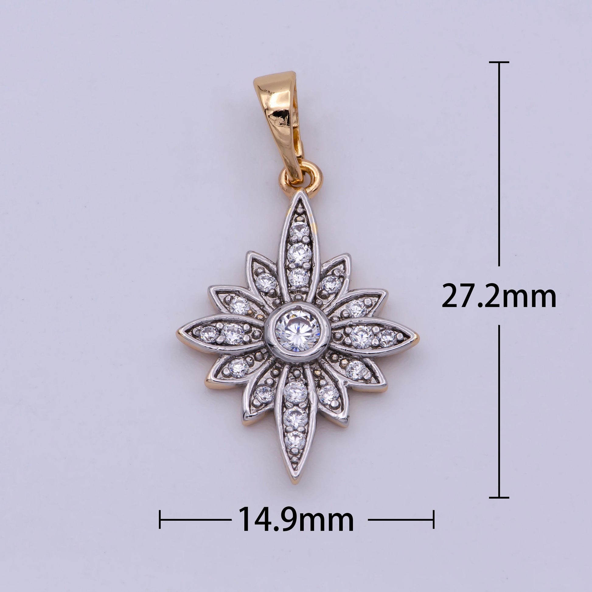 18k gold filled clear micro paved cz celestial north star sun flower mixed metal pendant | n1431