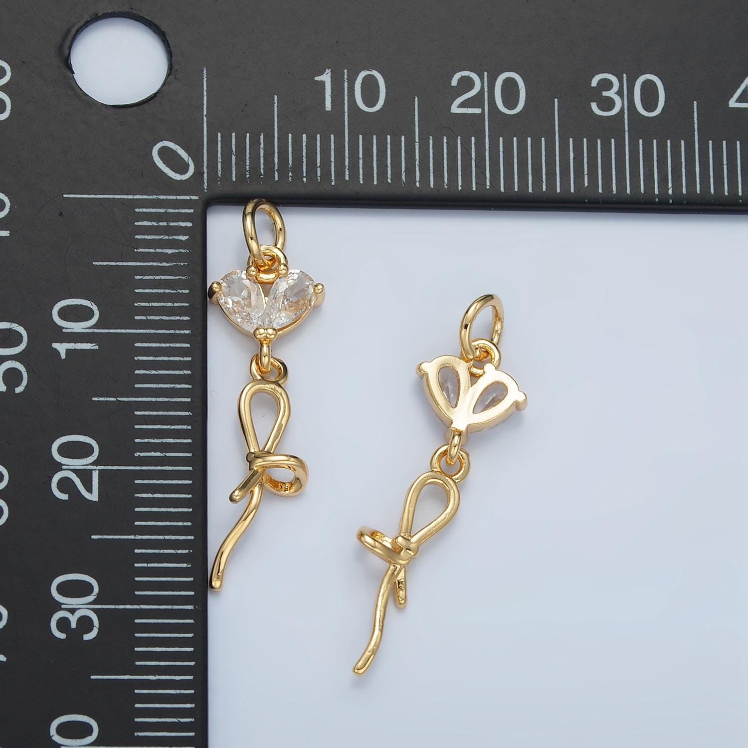 Twisted ribbon bow, clear heart cz gold filled drop charm | n-1416